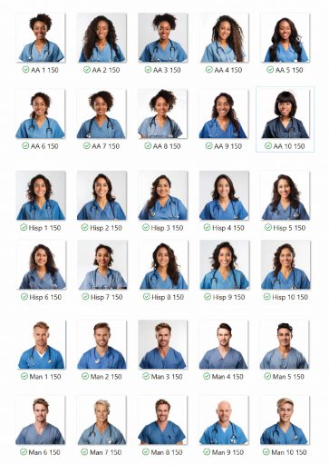 A grid of 30 AI-generated headshots shows male and female healthcare providers wearing blue medical scrubs. The photographs are arranged in six rows, with labels identifying each image beneath it.