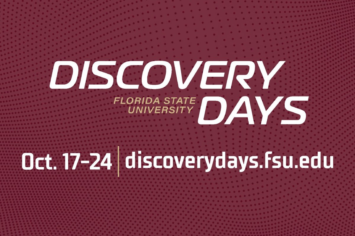 A promotional graphic for Florida State University's "Discovery Days," taking place Oct. 17–24, with the website link discoverydays.fsu.edu set against a maroon dotted background.
