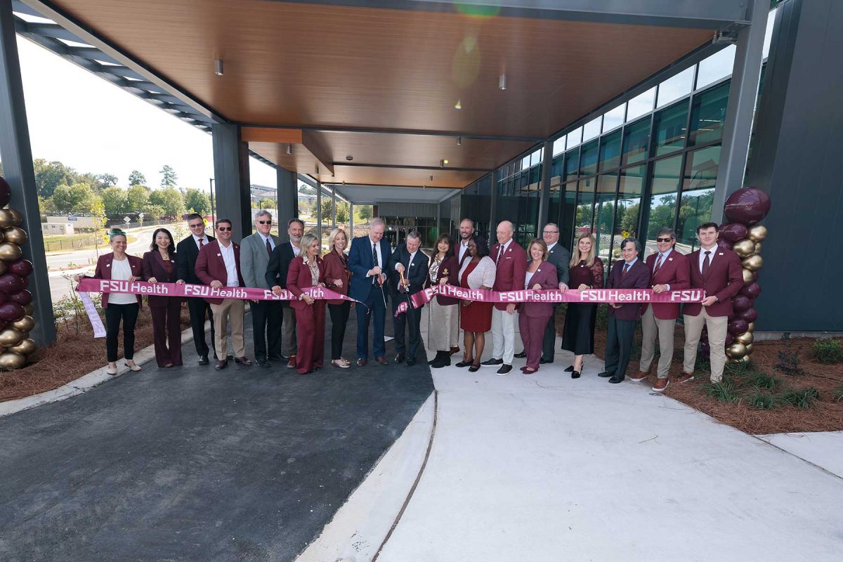 Florida State University marks the opening of the Wilton Simpson FSU Health Research and Collaboration Building with a ribbon-cutting ceremony on Oct. 30, 2026. (Bill Lax/Florida State University)