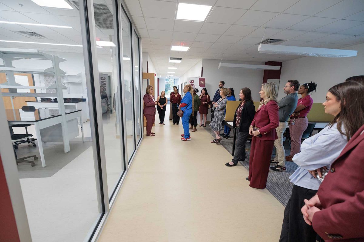 FSU Vice President for Research Stacey Patterson leads a tour of the new Wilton Simpson FSU Health Research and Collaboration Building on Oct. 30, 2026. (Bill Lax/Florida State University)