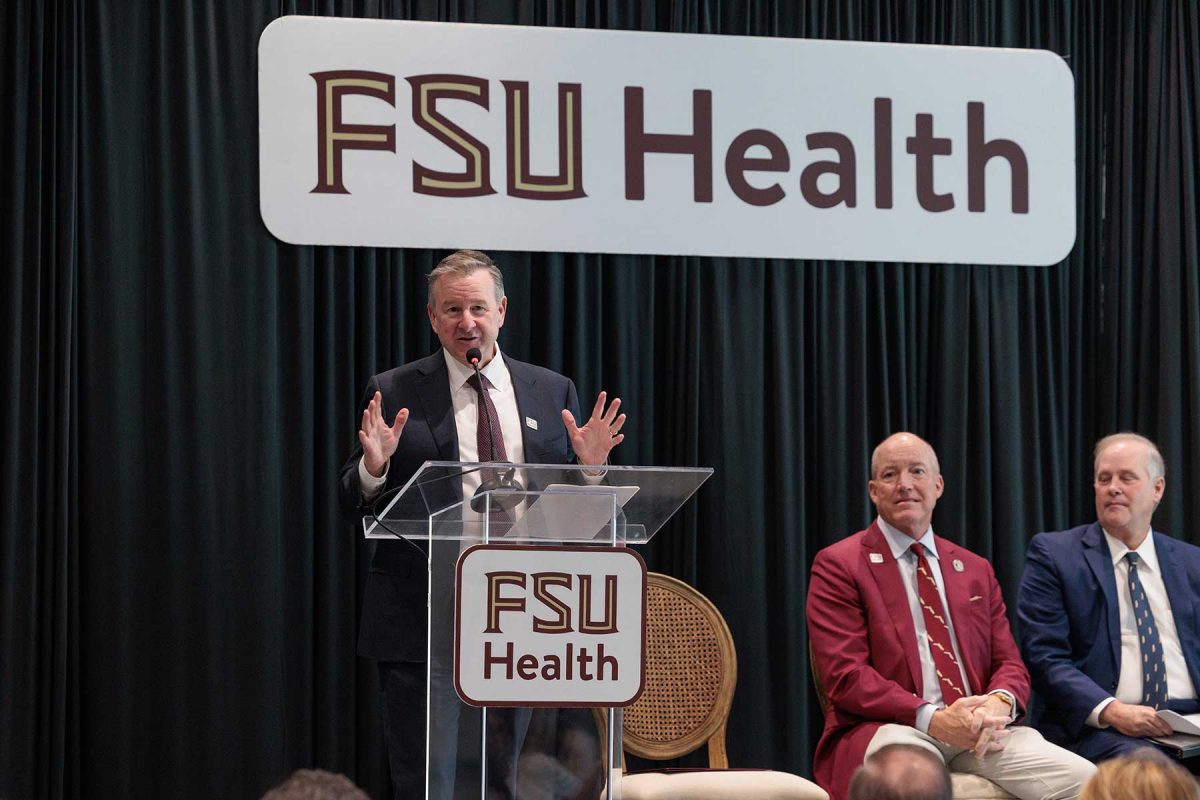 FSU President Richard McCullough delivers remarks during a special recognition ceremony for the new Wilton Simpson FSU Health Research and Collaboration Building on Oct. 30, 2026. (Bill Lax/Florida State University)