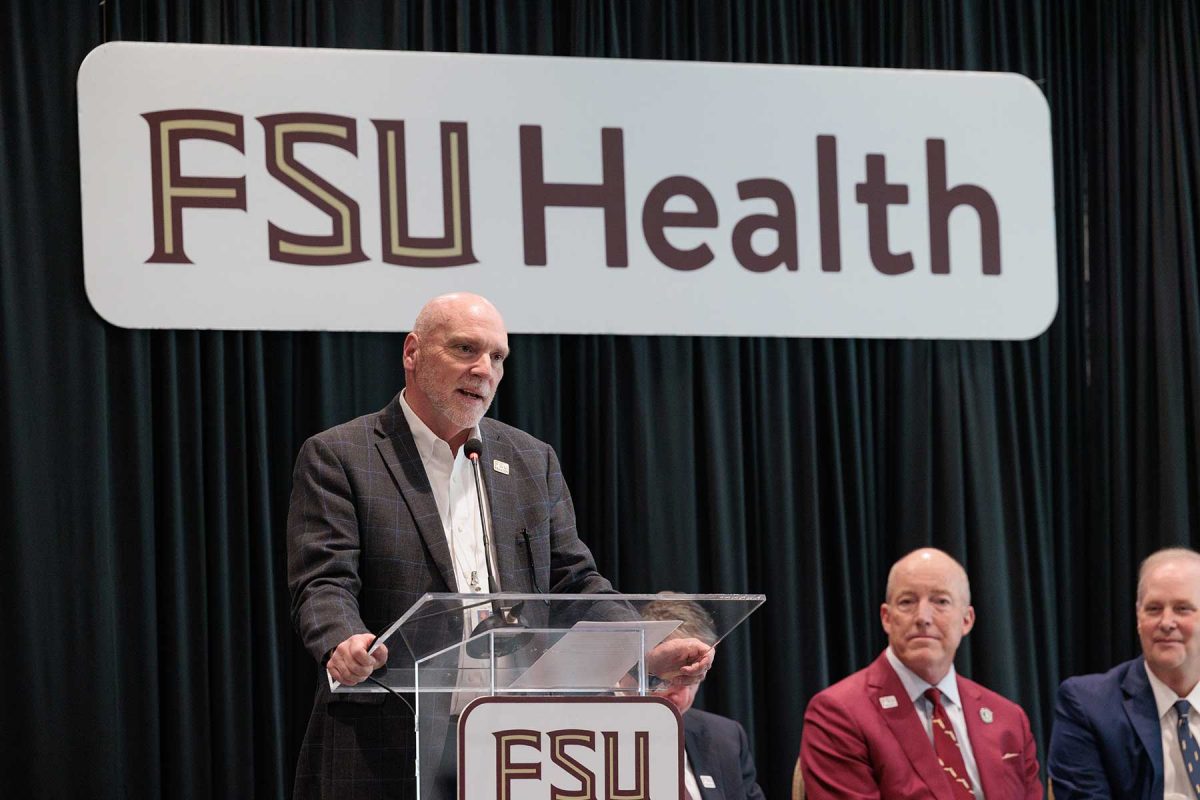 Mark O’Bryant, CEO of Tallahassee Memorial HealthCare, delivers remarks marking the opening of the Wilton Simpson FSU Health Research and Collaboration Building on Oct. 30, 2026. (Bill Lax/Florida State University)