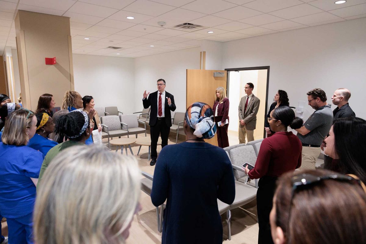 Guests tour the new Wilton Simpson FSU Health Research and Collaboration Building with FSU Vice President and Chief Clinical Operations Officer Jeremy Slaga on Oct. 30, 2026. (Bill Lax/Florida State University)