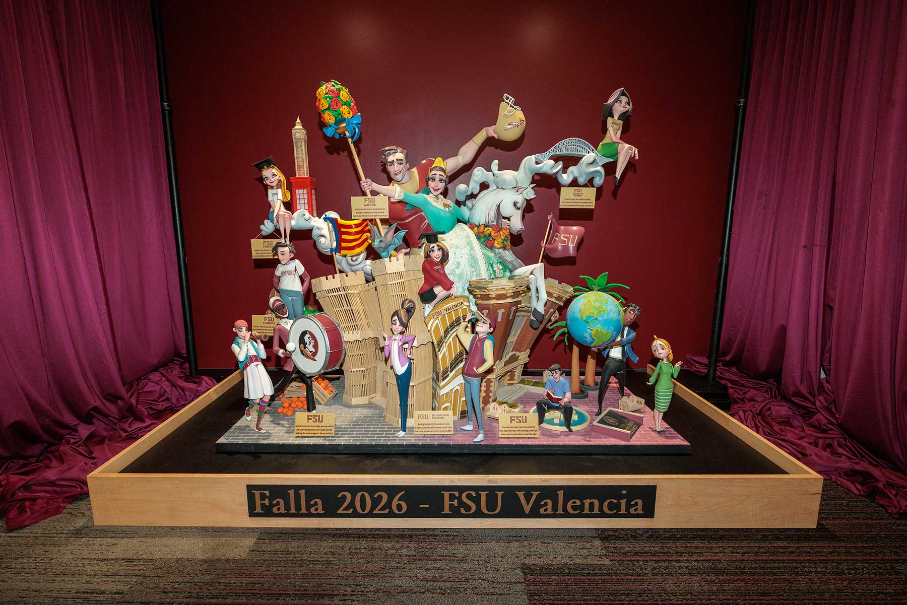 A falla statue depicting FSU traditions abroad and in Tallahassee.