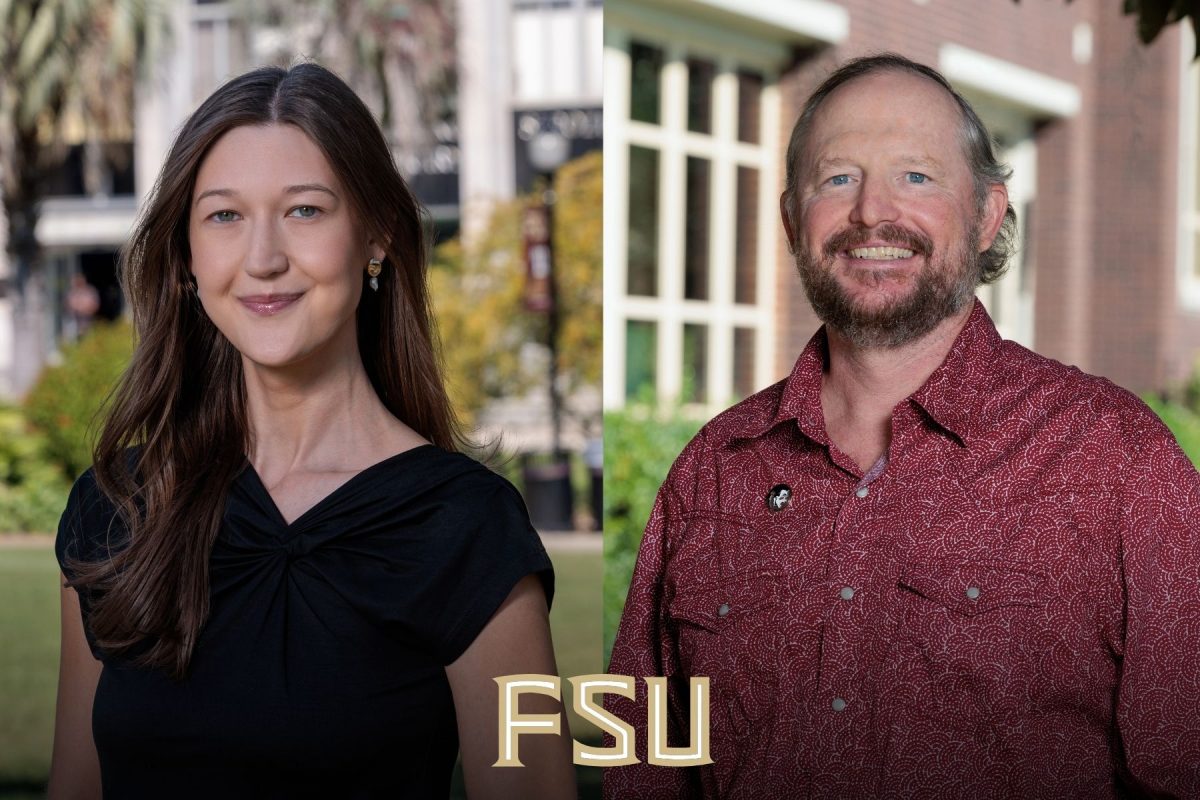 A split-screen portrait of a woman in a black top and a smiling man in a patterned red button-down shirt, with the FSU logo in the bottom center.