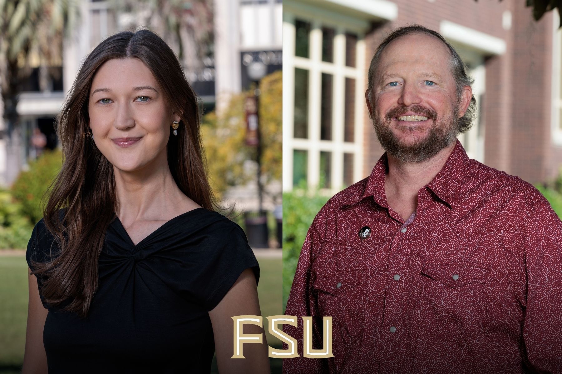 A split-screen portrait of a woman in a black top and a smiling man in a patterned red button-down shirt, with the FSU logo in the bottom center.