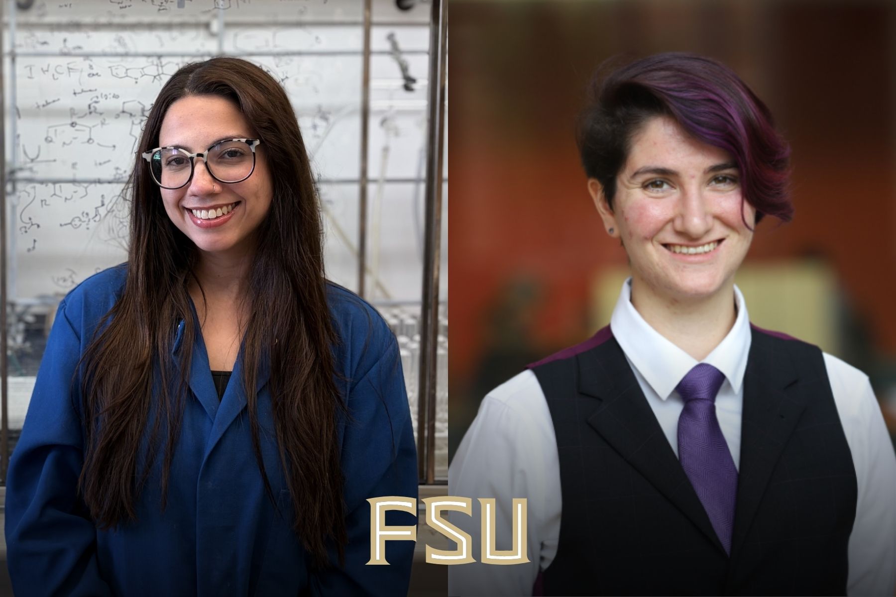 A split image featuring a woman in glasses and a blue lab coat in front of a white board with chemical structures on the left, and a person with short purple hair wearing a vest, tie, and collared shirt on the right, with "FSU" centered at the bottom.