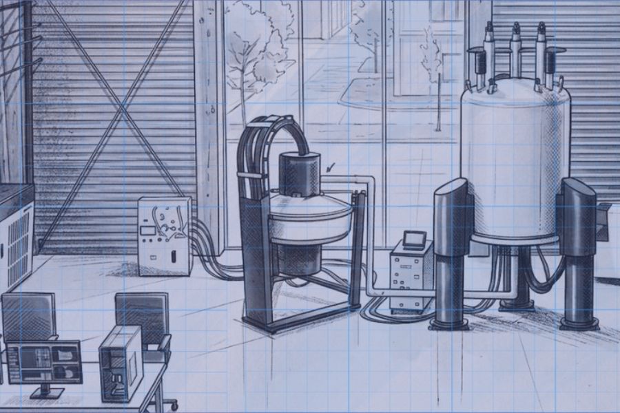 A rendering of a new nuclear magnetic resonance facility drawn in gray and light blue.